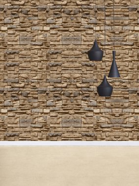 Boş oda içi beton duvar ve ahşap zemin, modern lamba.