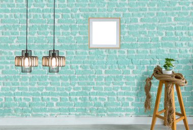 Boş oda içi beton duvar ve ahşap zemin, modern lamba.