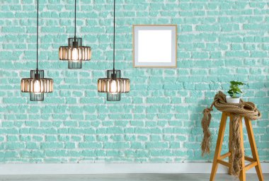 Boş oda içi beton duvar ve ahşap zemin, modern lamba.