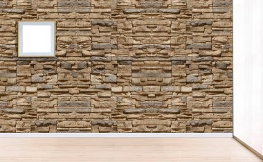 Yeni boş oturma odası iç dekorasyon ahşap zemin, taş duvar konsepti. Ev, ofis ve otel için dekoratif arka plan. 3B illüstrasyon