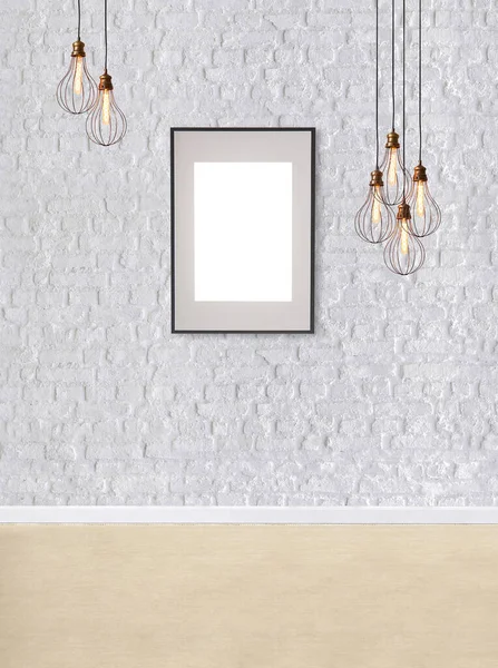 Witte Bakstenen Muur Moderne Lamp Textuur Hout Laminaat Vloeren Lege — Stockfoto