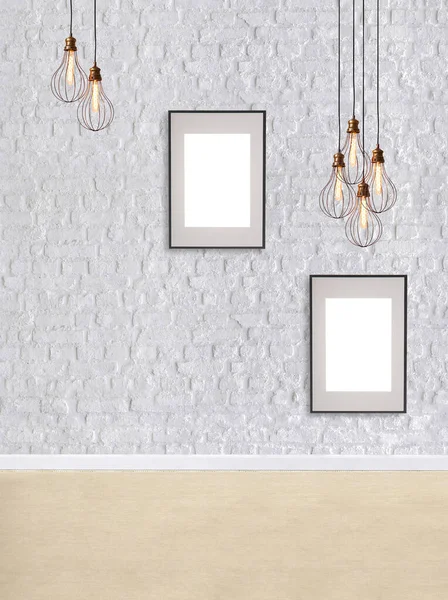 Witte Bakstenen Muur Moderne Lamp Textuur Hout Laminaat Vloeren Lege — Stockfoto