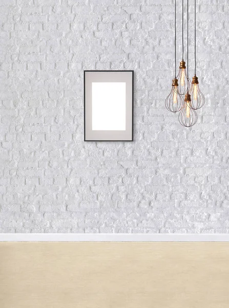 Witte Bakstenen Muur Moderne Lamp Textuur Hout Laminaat Vloeren Lege — Stockfoto