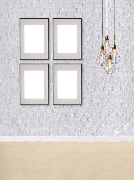 白いレンガの壁現代的なランプテクスチャ木材積層床 空のスペース — ストック写真