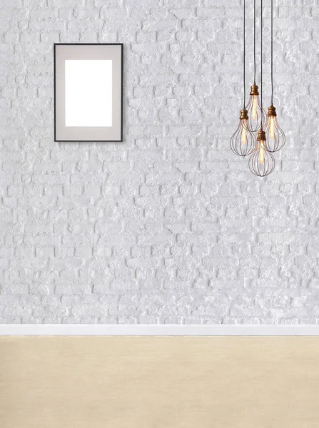 Witte Bakstenen Muur Moderne Lamp Textuur Hout Laminaat Vloeren Lege — Stockfoto