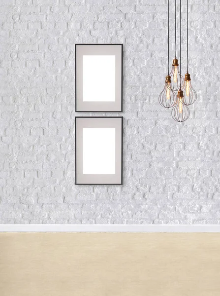 Witte Bakstenen Muur Moderne Lamp Textuur Hout Laminaat Vloeren Lege — Stockfoto