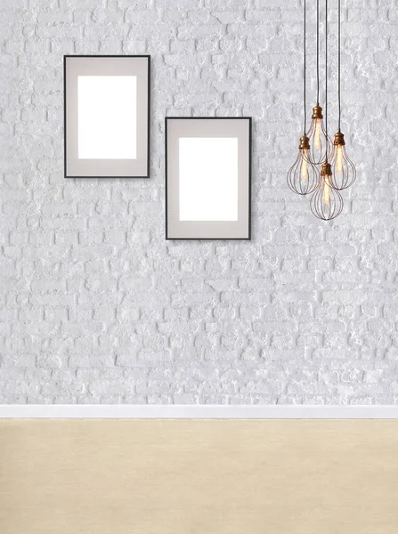 White Brick Wall Modern Lamp Textured Wood Laminate Flooring Empty — Stock Photo, Image