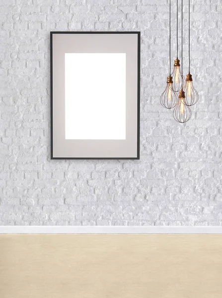 Biała Cegła Ściana Nowoczesna Lampa Teksturowane Drewno Laminat Podłogi Puste — Zdjęcie stockowe