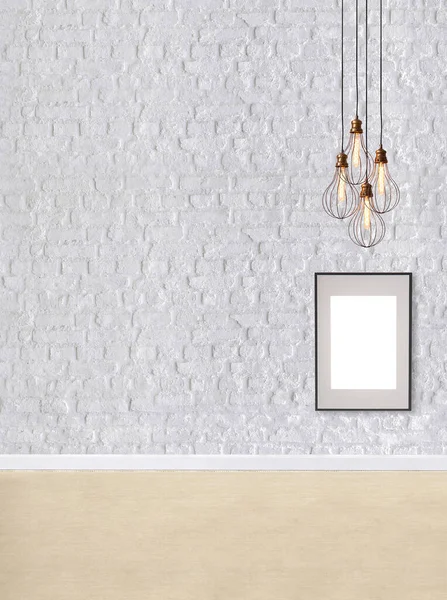 Witte Bakstenen Muur Moderne Lamp Textuur Hout Laminaat Vloeren Lege — Stockfoto