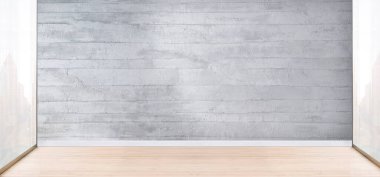 Parlak boş iç tasarım, taş duvar. 3B illüstrasyon