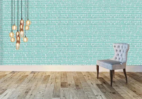 空のリビングルームのインテリア装飾現代のランプや木製の床 石の壁のコンセプト 家やオフィスホテルの装飾的な背景 3Dイラスト — ストック写真