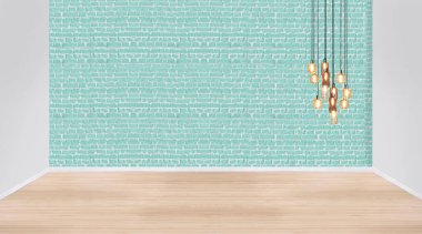 Boş oda, taş duvar ve ahşap zemin. 3B illüstrasyon