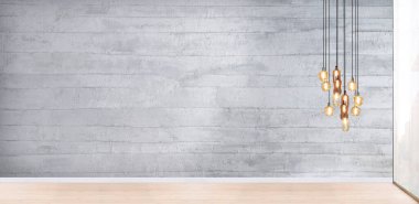 Boş oda, taş duvar ve ahşap zemin. 3B illüstrasyon