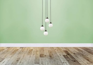 Boş oda, taş duvar ve ahşap zemin. 3B illüstrasyon