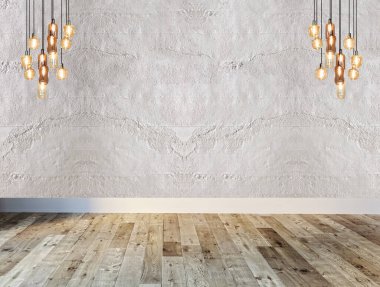 Taş duvar, ev, ofis, otel ve yatak odası için iç mimari, modern lamba. 3B illüstrasyon