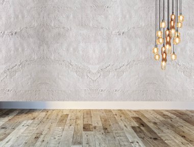 Taş duvar, ev, ofis, otel ve yatak odası için iç mimari, modern lamba. 3B illüstrasyon