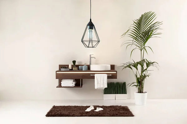 Temiz banyo stili, dekoratif tasarım, ahşap dolaplar.