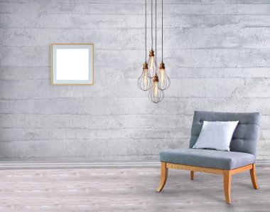 Boş oda, taş duvar ve ahşap zemin. 3B illüstrasyon