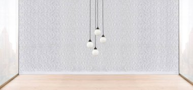 Taş duvar boş oda ve iç tasarım, asılı lamba. 3B illüstrasyon