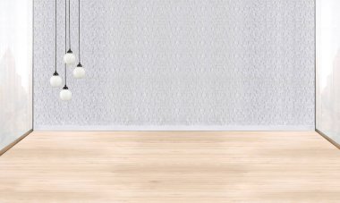 Taş duvar boş oda ve iç tasarım, asılı lamba. 3B illüstrasyon