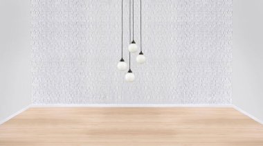 Taş duvar boş oda ve iç tasarım, asılı lamba. 3B illüstrasyon