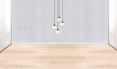 Taş duvar boş oda ve iç tasarım, asılı lamba. 3B illüstrasyon