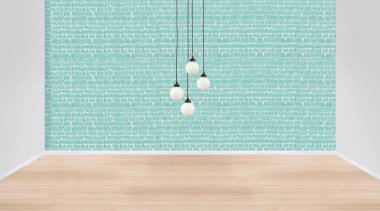 Boş oturma odası dekorasyonu modern lamba ve ahşap zemin, taş duvar konsepti. Ev, ofis, otel için dekoratif arka plan. 3B illüstrasyon