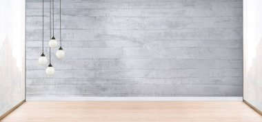 Boş oturma odası dekorasyonu modern lamba ve ahşap zemin, taş duvar konsepti. Ev, ofis, otel için dekoratif arka plan. 3B illüstrasyon