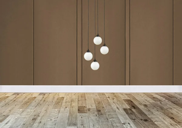 Leere Wohnzimmer Innendekoration Moderne Lampe Und Holzboden Steinwandkonzept Dekorativer Hintergrund — Stockfoto