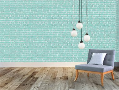 Boş oda ve gri koltuk iç tasarımı. 3B illüstrasyon