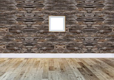 Parlak boş iç tasarım, taş duvar. 3B illüstrasyon