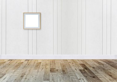 Parlak boş uzay iç tasarımı, taş duvar. 3B illüstrasyon