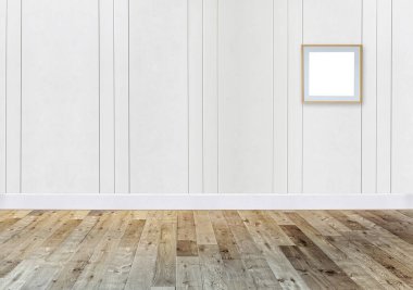 Parlak boş uzay iç tasarımı, taş duvar. 3B illüstrasyon