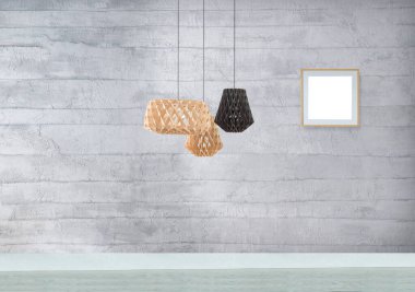 Parlak taş duvar iç tasarım ve modern lamba