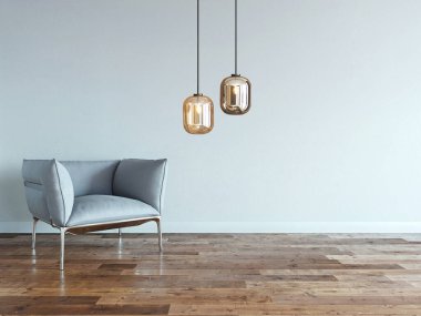 Boş ev iç tasarımı ve lamba. 3B illüstrasyon