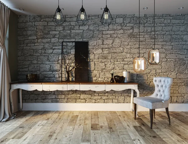 Living Room Interior Decoration Modern Lamp Wooden Floor Stone Wall — Stock Photo, Image