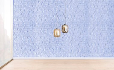 Boş oturma odası dekorasyonu modern lamba ve ahşap zemin, taş duvar konsepti. Ev, ofis, otel için dekoratif arka plan. 3B illüstrasyon