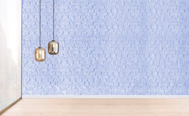 Boş oturma odası dekorasyonu modern lamba ve ahşap zemin, taş duvar konsepti. Ev, ofis, otel için dekoratif arka plan. 3B illüstrasyon