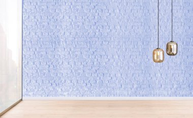 Boş oturma odası dekorasyonu modern lamba ve ahşap zemin, taş duvar konsepti. Ev, ofis, otel için dekoratif arka plan. 3B illüstrasyon