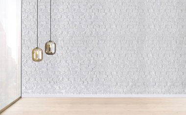 Boş oturma odası dekorasyonu modern lamba ve ahşap zemin, taş duvar konsepti. Ev, ofis, otel için dekoratif arka plan. 3B illüstrasyon