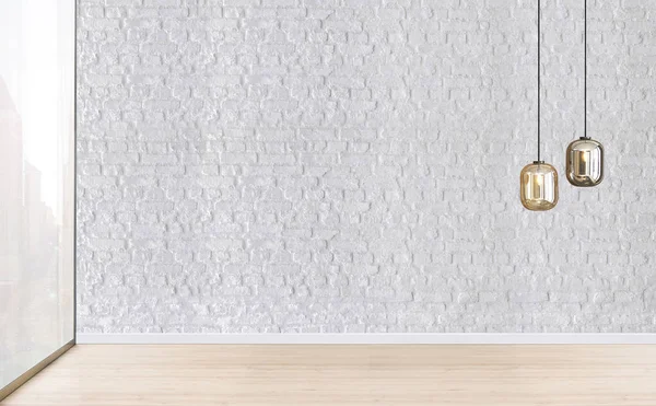 Boş oturma odası dekorasyonu modern lamba ve ahşap zemin, taş duvar konsepti. Ev, ofis, otel için dekoratif arka plan. 3B illüstrasyon