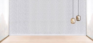 Boş oturma odası dekorasyonu modern lamba ve ahşap zemin, taş duvar konsepti. Ev, ofis, otel için dekoratif arka plan. 3B illüstrasyon