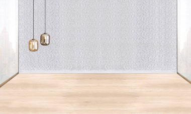 Modern parlak iç mekan ve lamba. 3B illüstrasyon