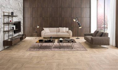 Taştan duvar dekorasyonu, özel tasarım lamba, kanepe ve parke ile modern iç mekan. Ev, otel, ofis için dekoratif arka plan