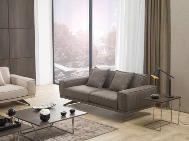 Taştan duvar dekorasyonu, özel tasarım lamba, kanepe ve parke ile modern iç mekan. Ev, otel, ofis için dekoratif arka plan