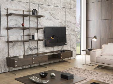 Taştan duvar dekorasyonu, özel tasarım lamba, kanepe ve parke ile modern iç mekan. Ev, otel, ofis için dekoratif arka plan