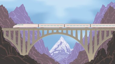 Dağların ve mavi gökyüzünün arka plan üzerinde köprü üzerinde bir yüksek hızlı yolcu trenvektör renkli görüntü. Tren, buharlı lokomotif, tatil, dağ manzarası, demiryolu, macera ile seyahat teması düz vektör web afiş. Köprü, mounta