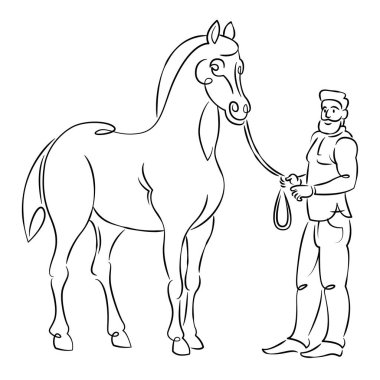 At yarışlarında Arap atının dizginlerini tutan sakallı doğulu adam. Binicilik sporu konsepti