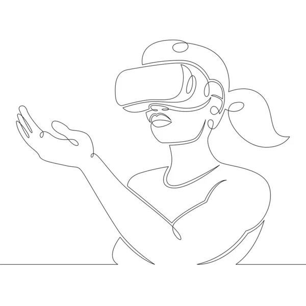 Jovem menina joga, trabalha em óculos de realidade virtual. —  Vetores de Stock