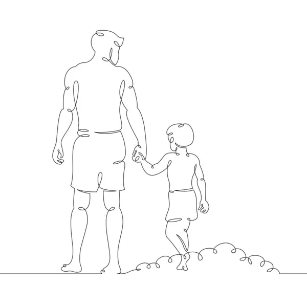 Молодой отец-мужчина с сыном гуляет по пляжу. — стоковый вектор
